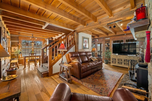 5175 Beanblossom Rd, Nashville, IN 47448 - living room with hardwood / wood-style floors, wooden ceiling, and stairs