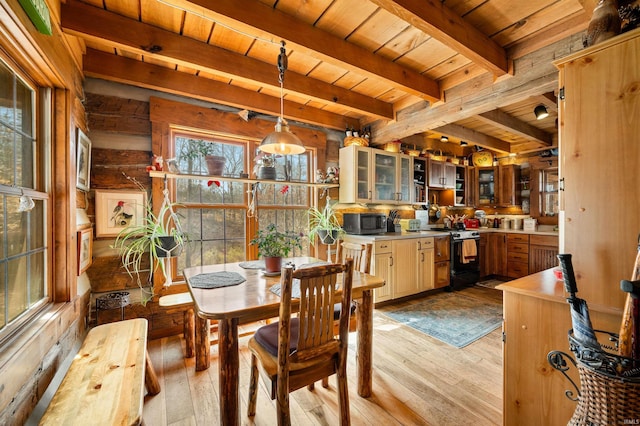 5175 Beanblossom Rd, Nashville, IN 47448 - dining space with beamed ceiling, light wood-type flooring, and wood ceiling