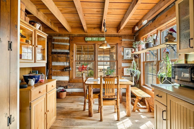 5175 Beanblossom Rd, Nashville, IN 47448 - dining space with light wood-type flooring, beam ceiling, wood ceiling, and a healthy amount of sunlight