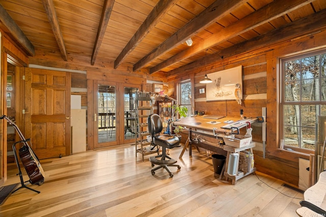 5175 Beanblossom Rd, Nashville, IN 47448 - home office with wooden walls, beam ceiling, wood ceiling, and wood-type flooring