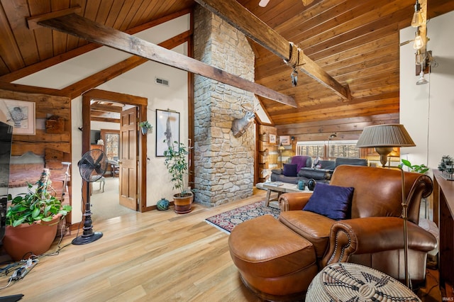 5175 Beanblossom Rd, Nashville, IN 47448 - living area featuring wood finished floors, wooden ceiling, vaulted ceiling with beams, and visible vents