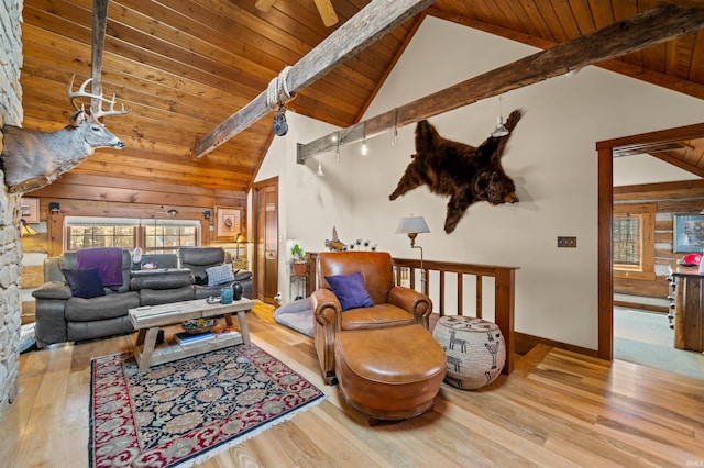 5175 Beanblossom Rd, Nashville, IN 47448 - living area with wood ceiling, high vaulted ceiling, beamed ceiling, and wood finished floors