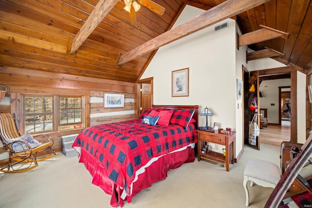 5175 Beanblossom Rd, Nashville, IN 47448 - bedroom with wooden ceiling, vaulted ceiling with beams, carpet, and visible vents