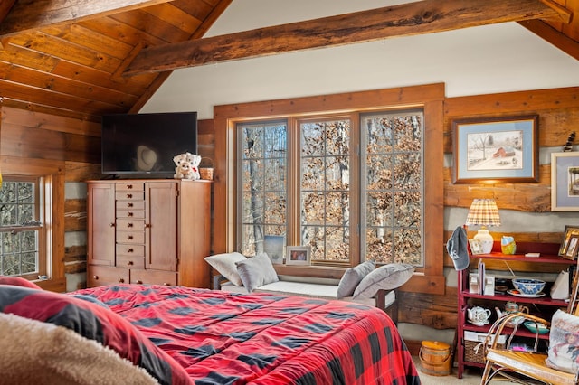 5175 Beanblossom Rd, Nashville, IN 47448 - bedroom with vaulted ceiling with beams, wood walls, and wooden ceiling