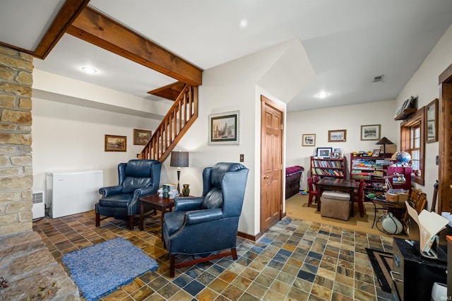 5175 Beanblossom Rd, Nashville, IN 47448 - living area with visible vents, beam ceiling, stairway, and recessed lighting