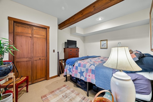 5175 Beanblossom Rd, Nashville, IN 47448 - bedroom with light carpet, baseboards, beam ceiling, and recessed lighting