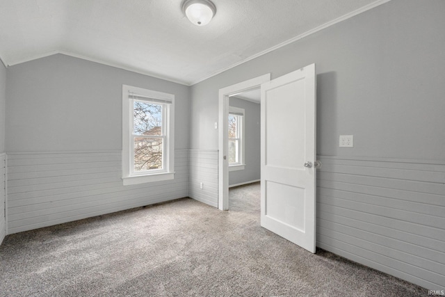carpeted spare room featuring a wainscoted wall, lofted ceiling, wood walls, and a textured ceiling