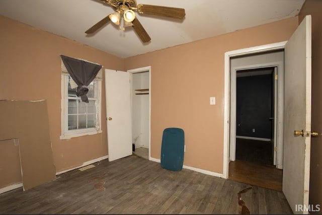 1620 Shelby Ave, Evansville, IN 47714 - unfurnished bedroom featuring baseboards, a closet, wood finished floors, and a ceiling fan
