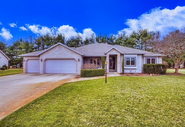 56953 Coppergate Dr, Elkhart, IN 46516 - ranch-style home featuring brick siding, a garage, a front yard, and concrete driveway