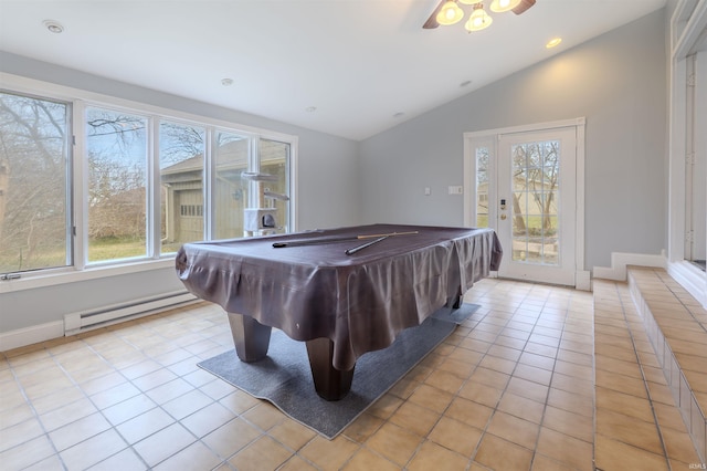 rec room featuring ceiling fan, baseboard heating, pool table, vaulted ceiling, and light tile patterned floors