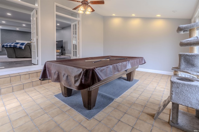game room with tile patterned floors, ceiling fan, and recessed lighting