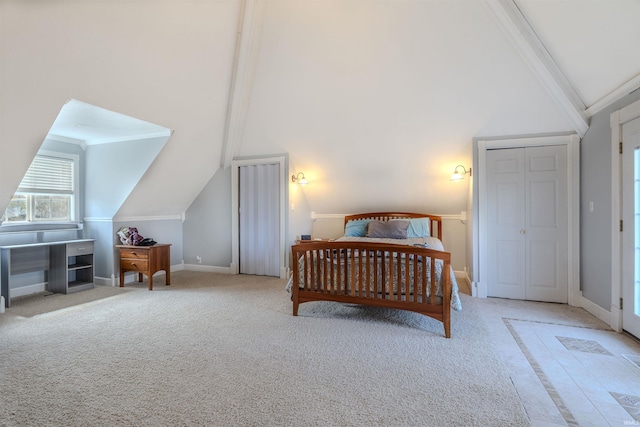 carpeted bedroom featuring baseboards, high vaulted ceiling, and beamed ceiling