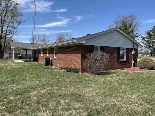 view of property exterior with a lawn, brick siding, and cooling unit
