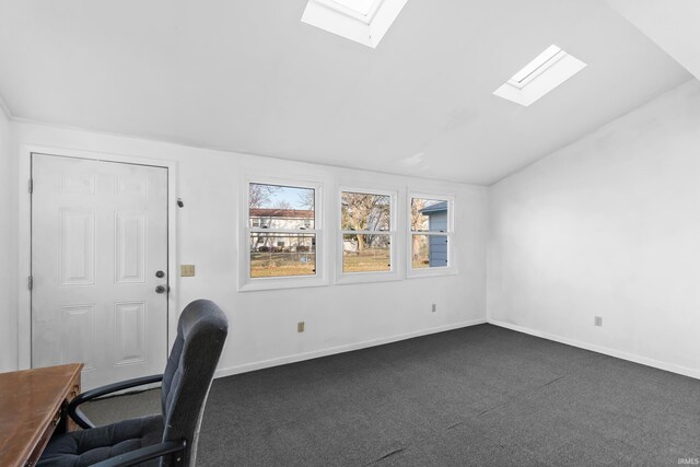 3323 Kiowa Ct, Fort Wayne, IN 46815 - unfurnished office with baseboards, dark carpet, and lofted ceiling with skylight