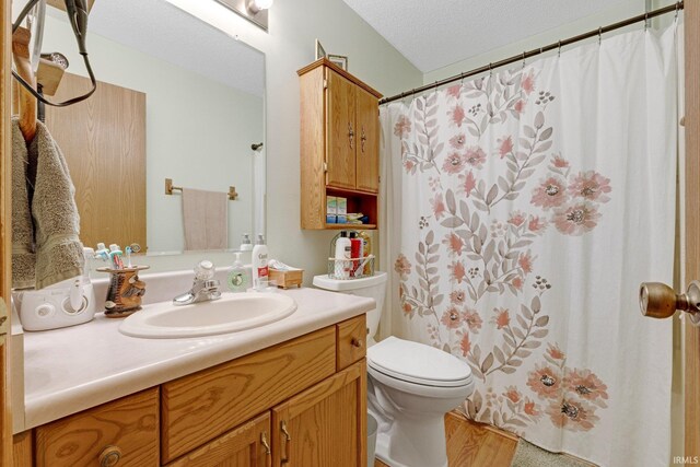 6027 Old Brook Dr, Fort Wayne, IN 46835 - bathroom featuring a shower with curtain, toilet, vanity, and a textured ceiling