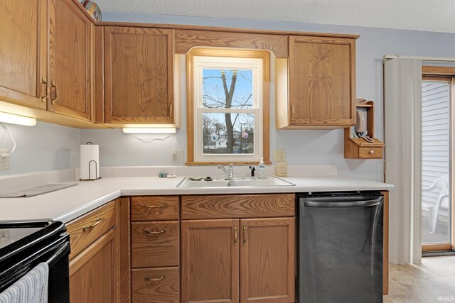 6027 Old Brook Dr, Fort Wayne, IN 46835 - kitchen featuring light countertops, a sink, dishwasher, black electric range, and brown cabinets