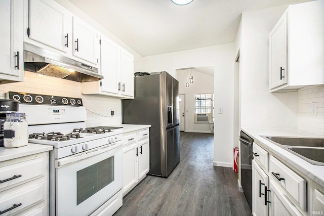 kitchen with dark wood finished floors, white cabinets, under cabinet range hood, and stainless steel appliances