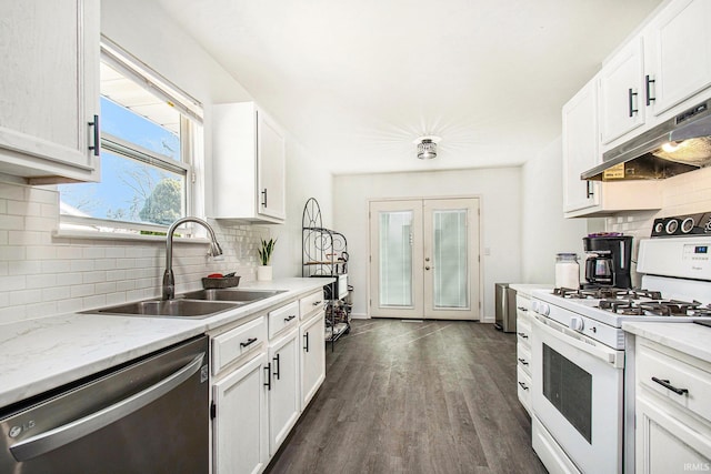 kitchen featuring a sink, french doors, white range with gas cooktop, dishwasher, and under cabinet range hood