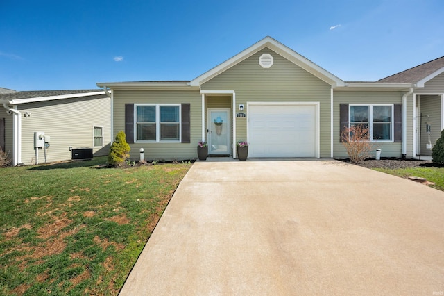 ranch-style house featuring a front lawn, a garage, central AC unit, and concrete driveway