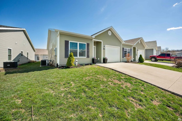 ranch-style home featuring an attached garage, a front lawn, cooling unit, and concrete driveway