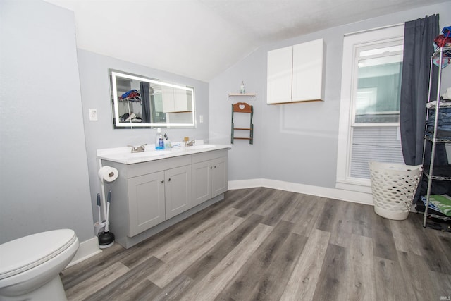 908 S Main St, Kendallville, IN 46755 - bathroom featuring lofted ceiling, baseboards, a sink, double vanity, and wood finished floors