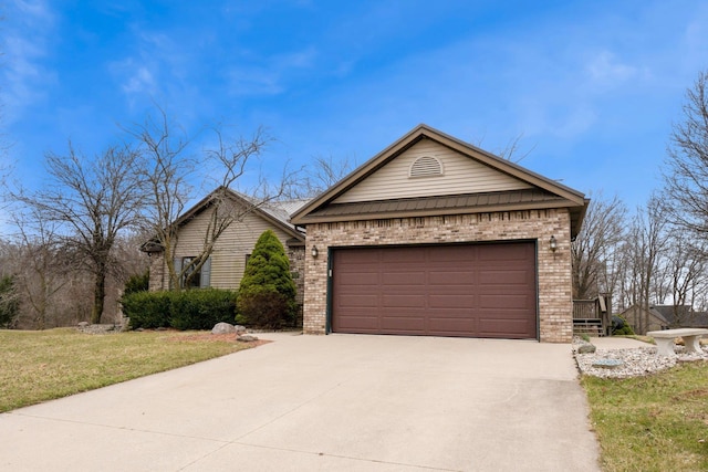 ranch-style home featuring driveway, brick siding, a garage, and metal roof