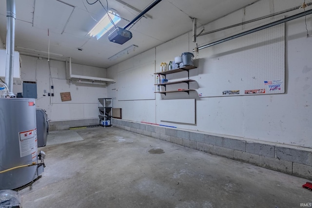 garage with electric panel, a garage door opener, and gas water heater