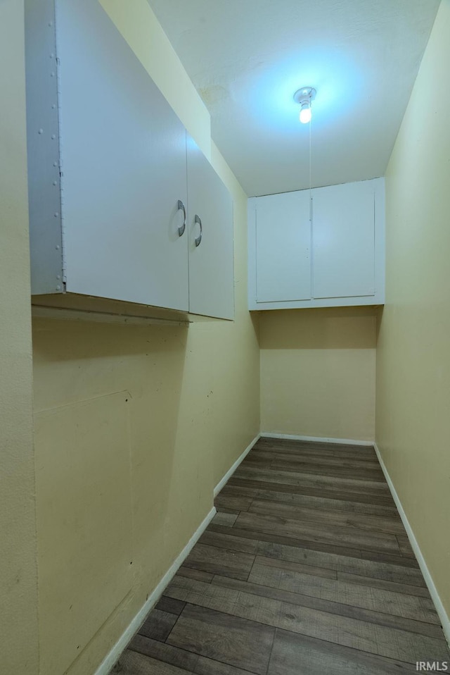 walk in closet with dark wood-type flooring