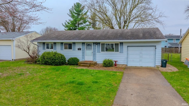 ranch-style house featuring concrete driveway, fence, an attached garage, a front lawn, and a shingled roof