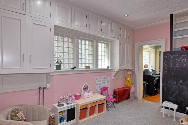 game room featuring radiator and carpet