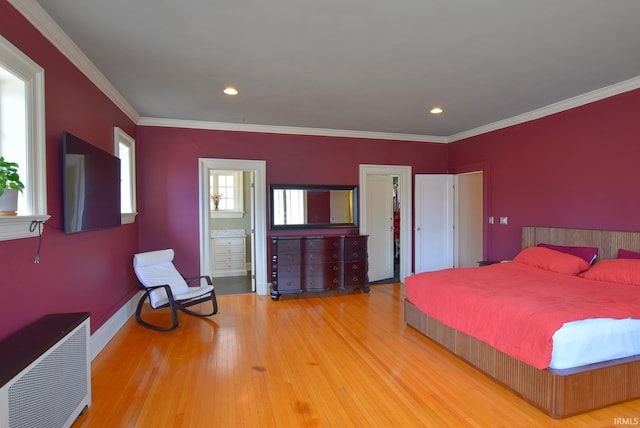 bedroom featuring baseboards, ornamental molding, recessed lighting, and wood finished floors