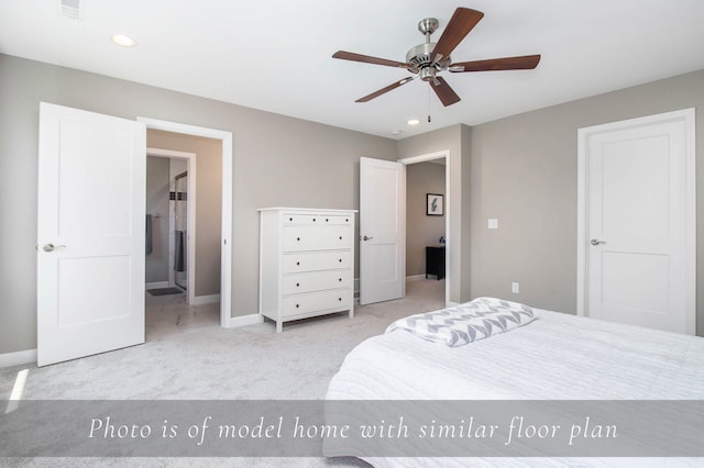 carpeted bedroom with recessed lighting, ensuite bath, baseboards, and ceiling fan