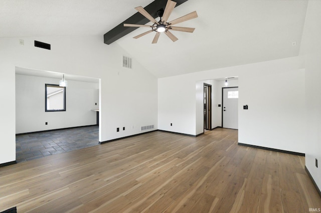unfurnished living room featuring high vaulted ceiling, visible vents, beamed ceiling, ceiling fan, and wood finished floors