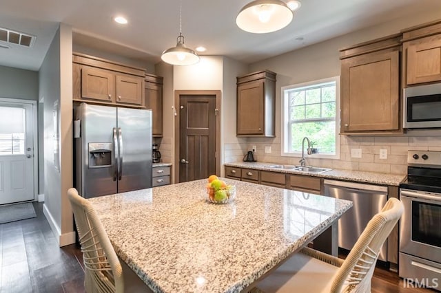 kitchen with a breakfast bar area, backsplash, a sink, visible vents, and appliances with stainless steel finishes