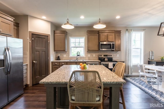 kitchen with dark wood finished floors, a sink, appliances with stainless steel finishes, and decorative backsplash