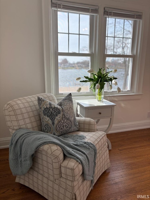 sitting room with baseboards and wood finished floors