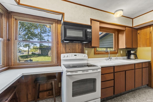 7990 S 150 E, Wolcottville, IN 46795 - kitchen featuring light countertops, ornamental molding, a sink, white electric stove, and black microwave