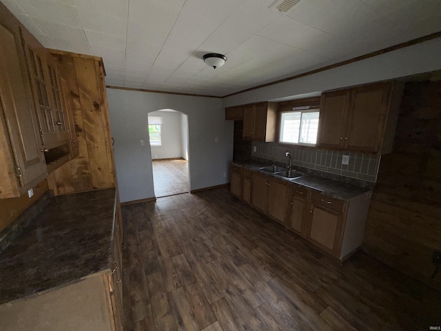 1116 Stanley Ave, Evansville, IN 47711 - kitchen featuring backsplash, a sink, dark countertops, arched walkways, and dark wood-style floors