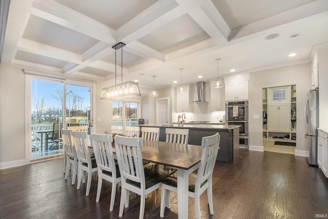 dining room featuring coffered ceiling, beam ceiling, and dark wood-type flooring