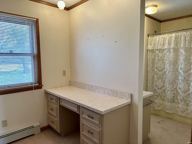 interior space featuring a baseboard radiator, crown molding, vanity, and shower / bathtub combination with curtain