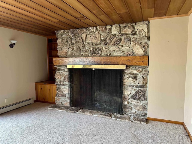 interior details with wood ceiling, a baseboard radiator, carpet flooring, and a stone fireplace