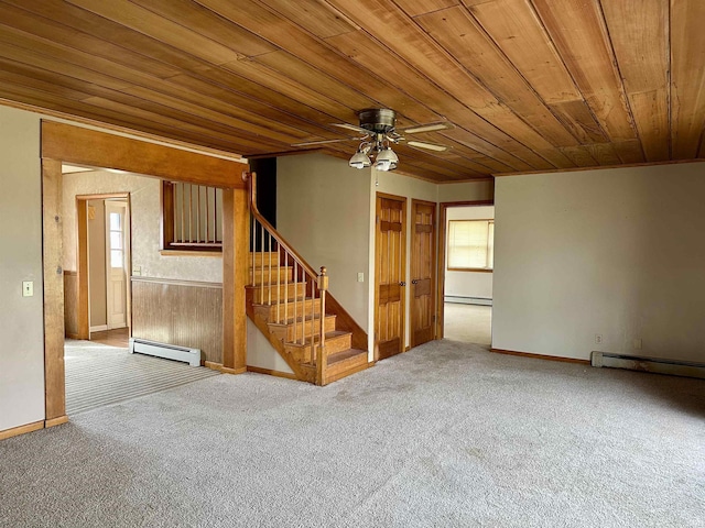 interior space with a baseboard radiator, carpet, a ceiling fan, and wooden ceiling