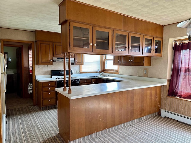 kitchen featuring exhaust hood, a sink, gas range, light countertops, and a peninsula