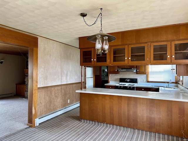 kitchen with under cabinet range hood, a sink, freestanding refrigerator, gas stove, and baseboard heating
