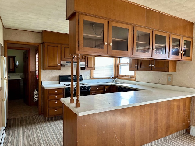 kitchen with a peninsula, a sink, range with gas cooktop, range hood, and light countertops