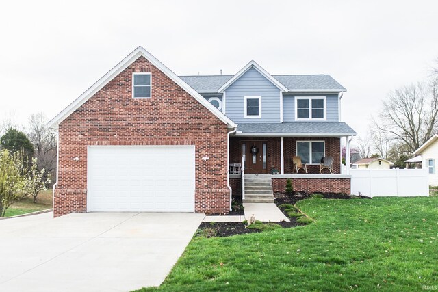 2860 E Moffett Ln, Bloomington, IN 47401 - traditional-style home featuring covered porch, concrete driveway, brick siding, a front lawn, and a garage