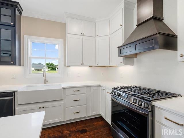 600 Whitetail Ct, Evansville, IN 47711 - kitchen with light countertops, custom exhaust hood, stainless steel gas range oven, a sink, and dishwashing machine