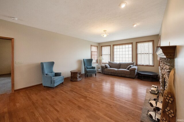 4277 S 100 W, Williamsport, IN 47993 - living room featuring a fireplace, a textured ceiling, baseboards, and light wood-style floors