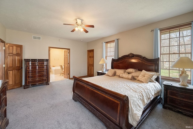 4277 S 100 W, Williamsport, IN 47993 - carpeted bedroom with connected bathroom, multiple windows, visible vents, and ceiling fan