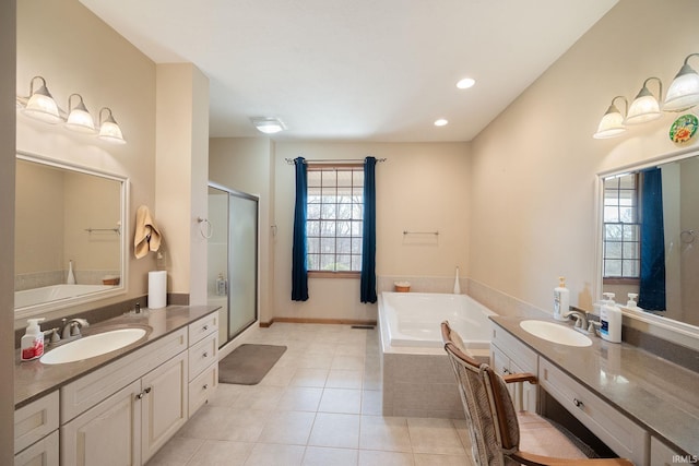 4277 S 100 W, Williamsport, IN 47993 - full bathroom with a sink, a garden tub, tile patterned flooring, and a shower stall